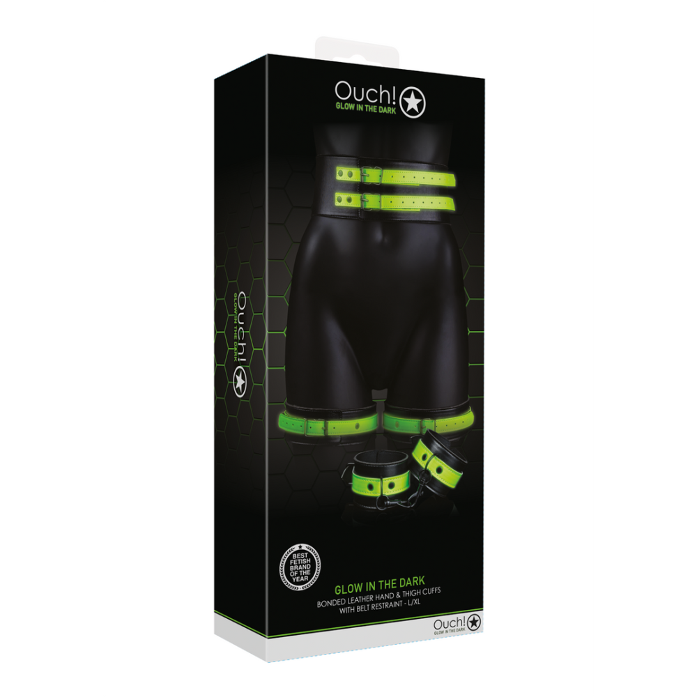 Ouch! by Shots Thigh Cuffs with Belt and Handcuffs - Glow in the Dark - L/XL