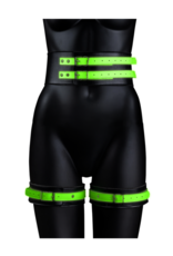 Ouch! by Shots Thigh Cuffs with Belt and Handcuffs - Glow in the Dark - L/XL