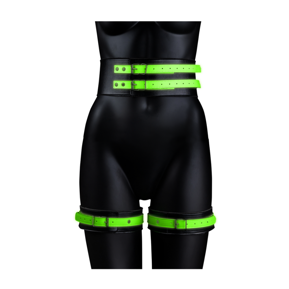 Ouch! by Shots Thigh Cuffs with Belt and Handcuffs - Glow in the Dark - L/XL