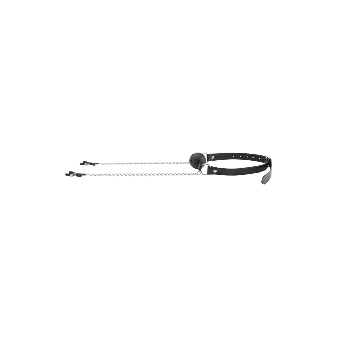 Ouch! by Shots Ademend Ball Gag met Tepelklemmen