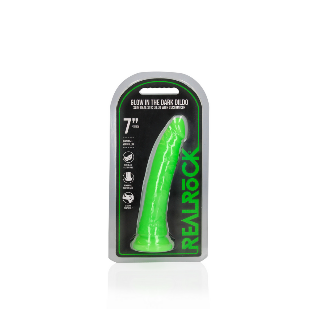 RealRock by Shots Slim Realistic Dildo with Suction Cup - Glow in the Dark - 7'' / 18 cm