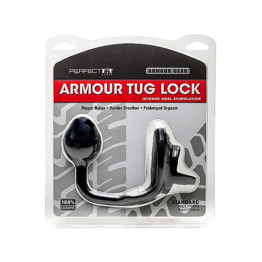 PerfectFitBrand Armor Tug Lock - Cockring with Ball Strap and Butt Plug - Medium