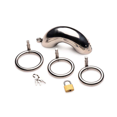 Image of XR Brands Lockable Stainless Steel Chastity Cage with 3 Rings