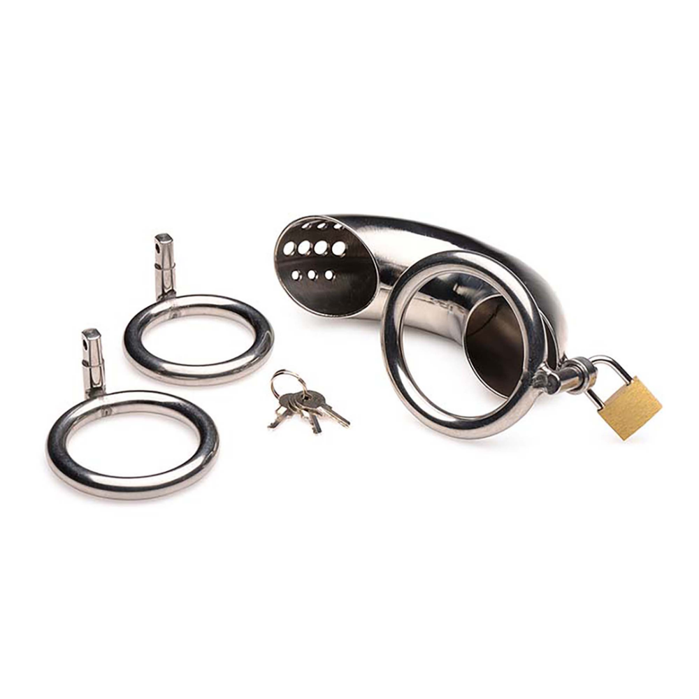 XR Brands Lockable Stainless Steel Chastity Cage with 3 Rings