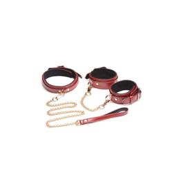 XR Brands 6-Piece Burgundy Bondage Set with Cuffs, Collar and Belt