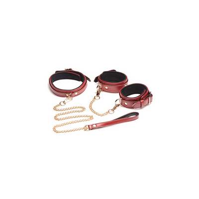 Image of XR Brands 6-Piece Burgundy Bondage Set with Cuffs, Collar and Belt 