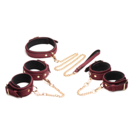 XR Brands 6-Piece Velvet Burgundy Bondage Set with Cuffs, Collar and Belt