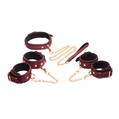 Image of XR Brands 6-Piece Velvet Burgundy Bondage Set with Cuffs, Collar and Belt 