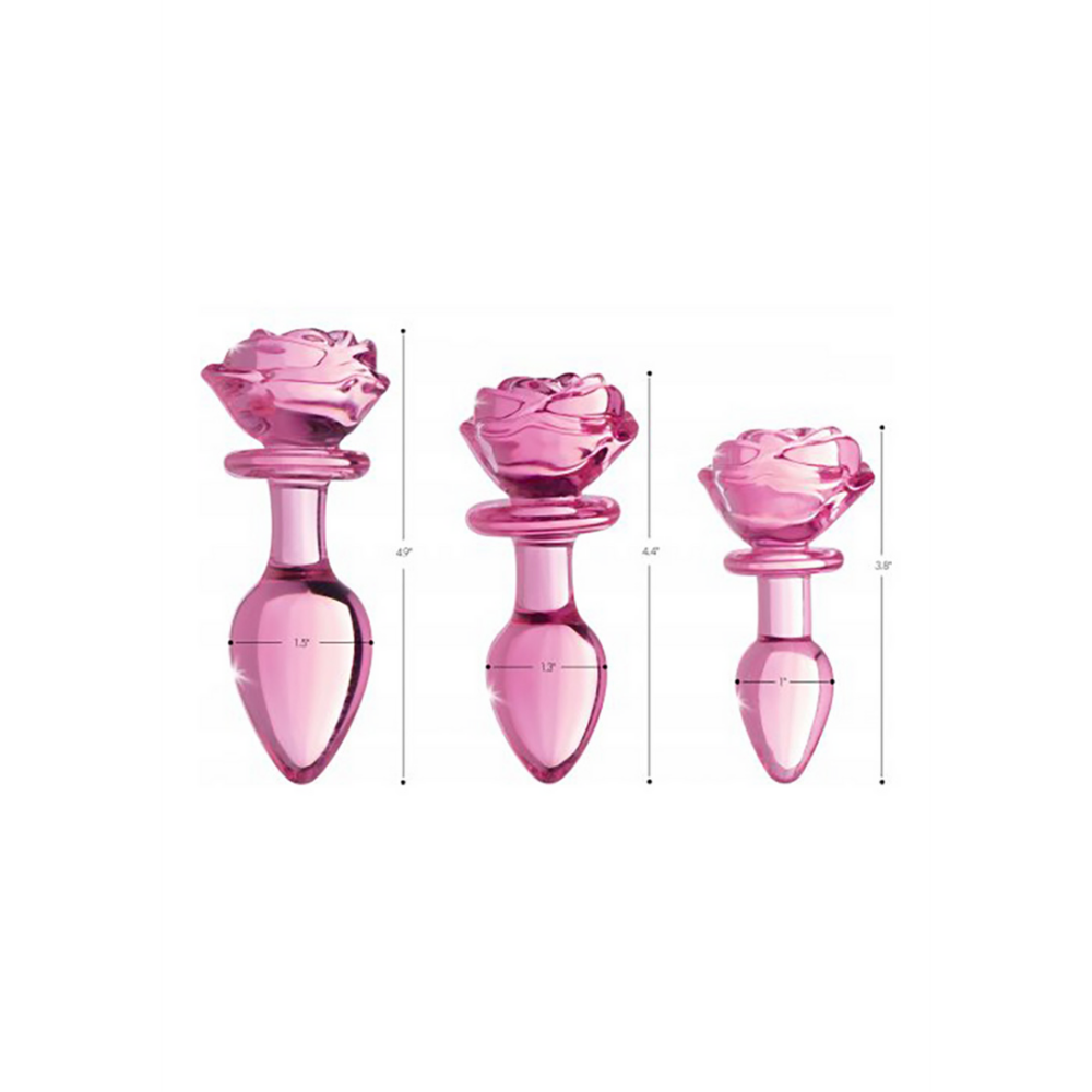 XR Brands Pink Rose - Glass Butt Plug - Large