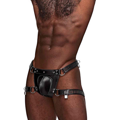 Image of Male Power Scorpio - Imitation Leather Chastity Thong - One Size - Black