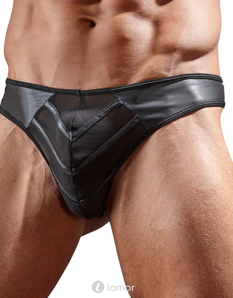 Sexy heren string van lederlook materiaal met netstof ,Svenjoyment Underwear