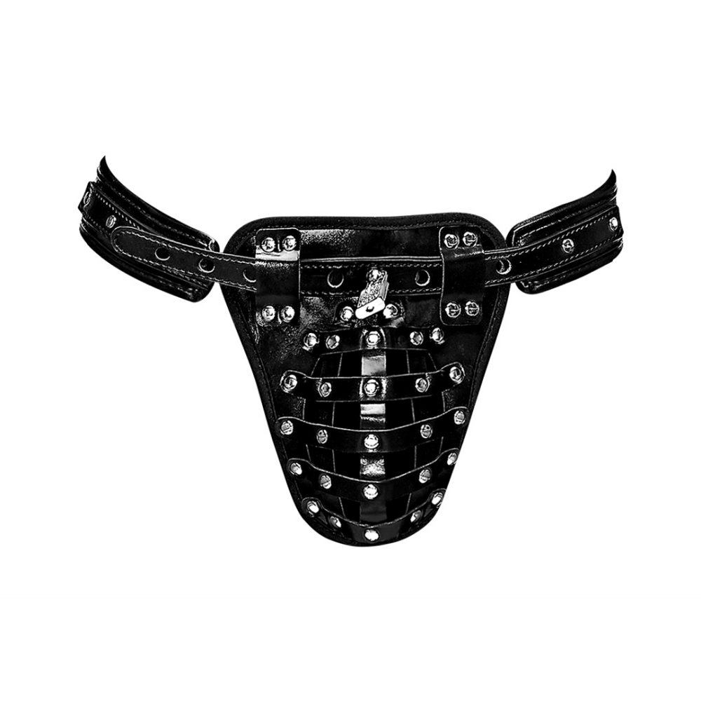 Male Power Taurus - Imitation Leather Chastity Cage Thong - One Size - Black