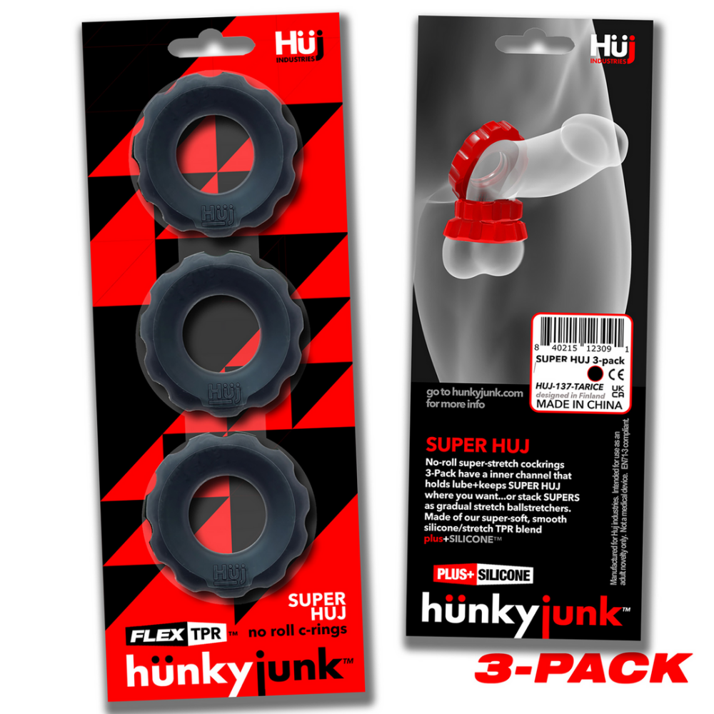 Hunkyjunk Super Huj - 3-pack Stretchy Cockrings - Tar Ice