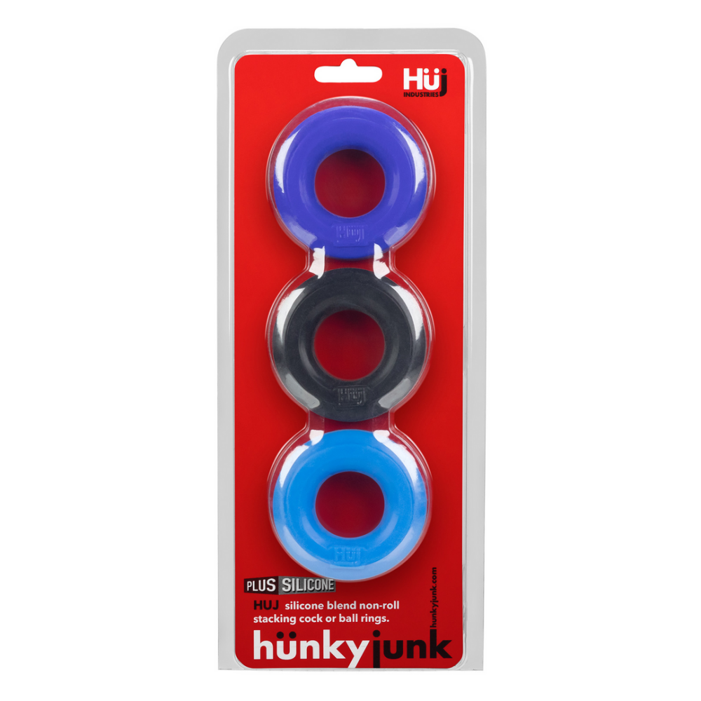 Hunkyjunk Huj3 - Cockring 3-pack - Tar / Cobalt / Aqua