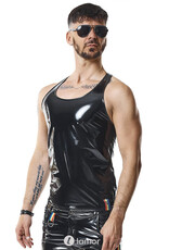 * RFP Tanktop gemaakt van zwart, glanzend PVC. Decoratieve linten met LGBTQ+ regenboog het merk RFP