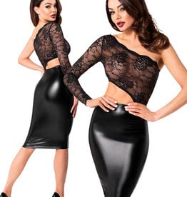 * NOIR handmade Wetlook halflange jurk met kant, F339