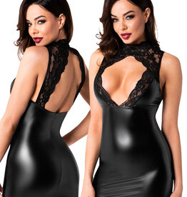 * NOIR handmade Wetlook mini jurkje met kant, F343