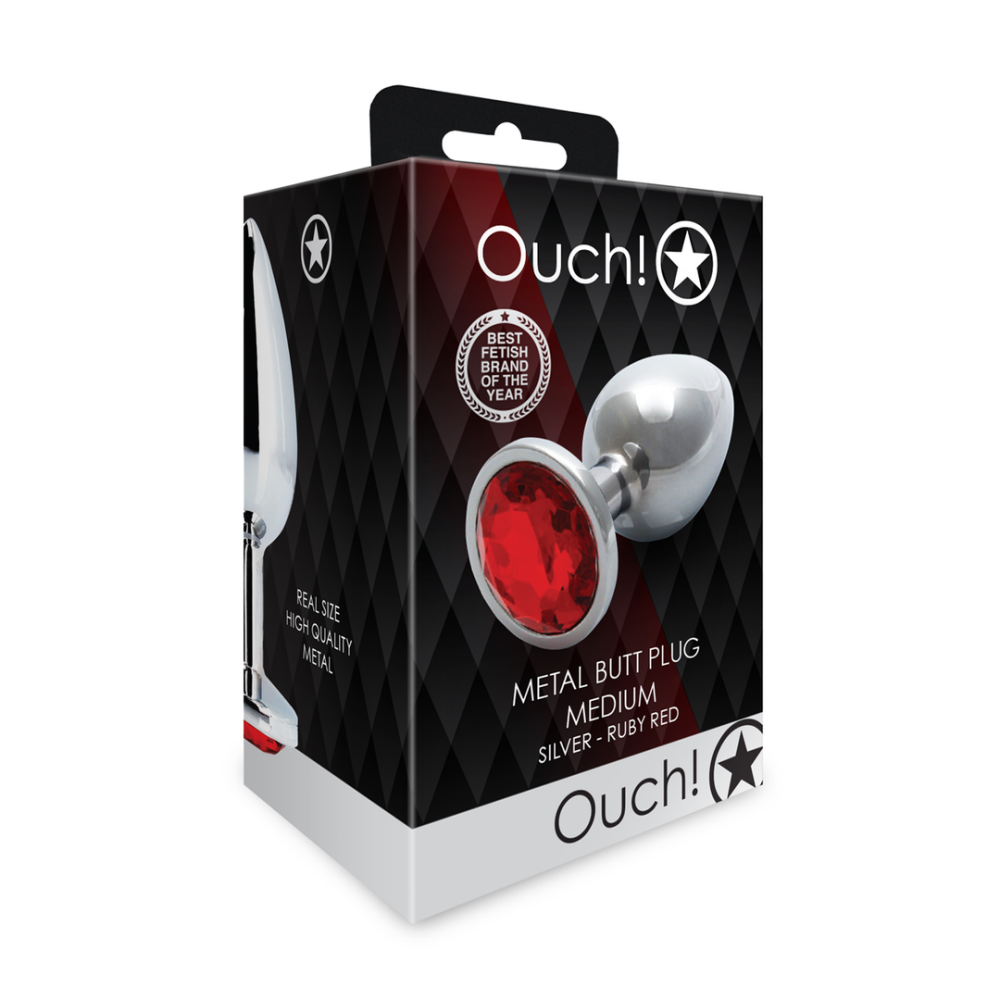 Ouch! by Shots Ronde Edelsteen Butt Plug - Medium - Zilver/Ruby Rood