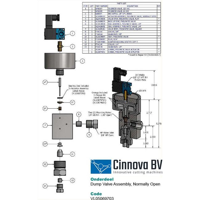 KMT Style Dump Valve Assembly, Normally Open Cinnova Parts