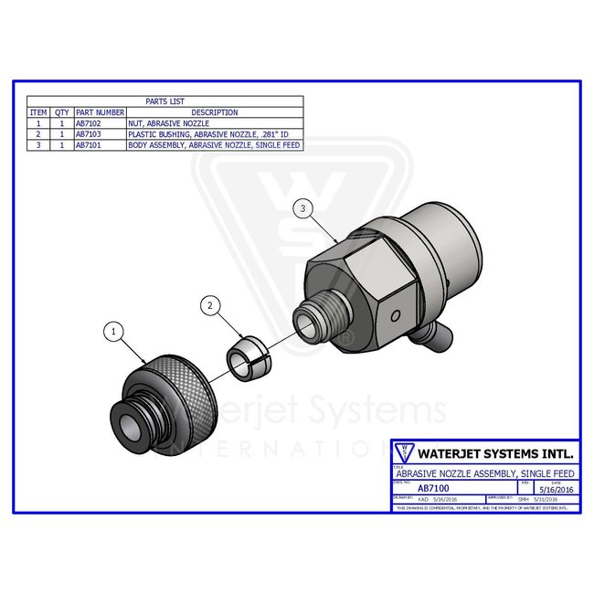 Complete, assy Mixing Chamber Paser 3, 1 abrasive inlet.