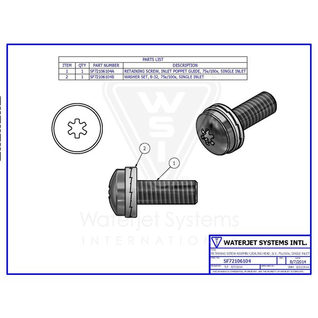 RETAINING SCREW ASSEMBLY, SEALING HEAD, SLV, 75S / 100S, SINGLE INLET
