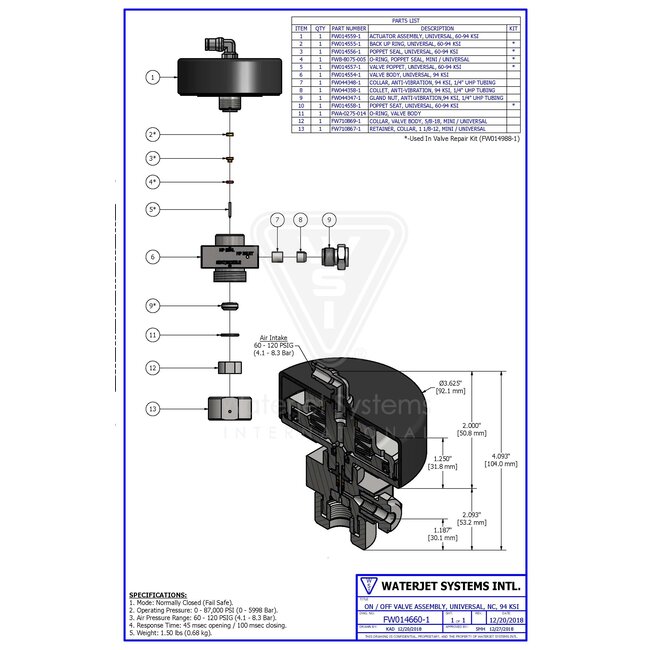 ON/OFF VALVE ASSEMBLY, UNIVERSAL, 94KSI