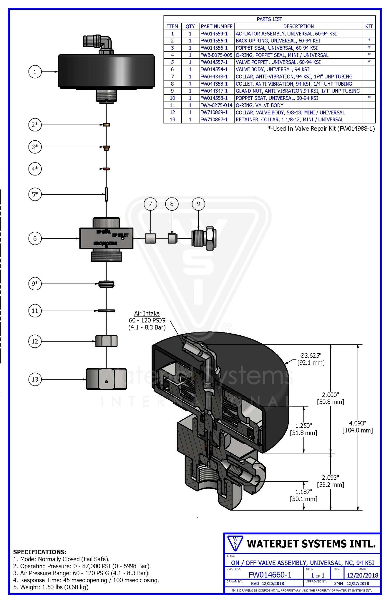ON/OFF VALVE ASSEMBLY, UNIVERSAL, 94KSI - Cinnova Parts