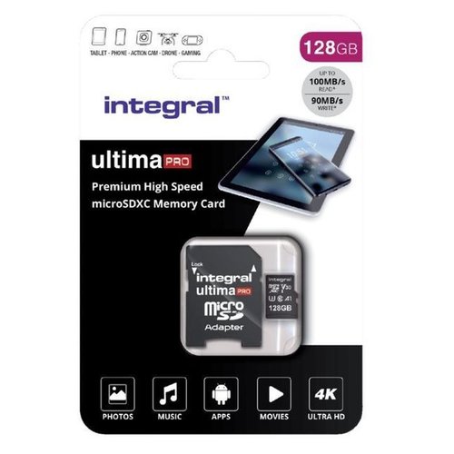 Integral 128GB V30 UltimaPro High Speed microSDXC- class 10- 100MB/s read - 50MB/s write 