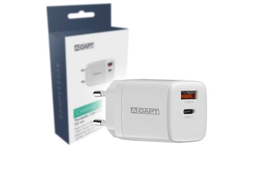 A-DAPT Thuislader USB-C PD 20W + USB QC 3.0 Wit   A-DAPT Thuislader USB-C PD 20W + USB QC 3.0 Wit