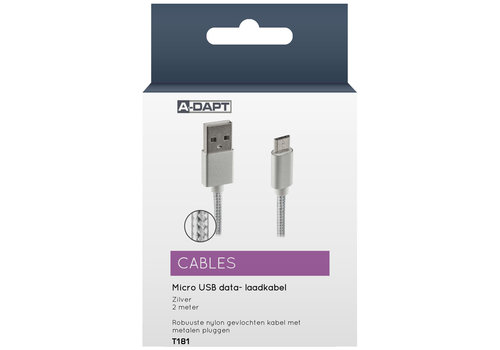  A-DAPT Data en Laadkabel USB-A > Micro USB Nylon 2m zilver 