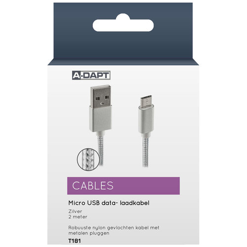  A-DAPT Data-/laadkabel Micro USB Nylon 2m zilver 