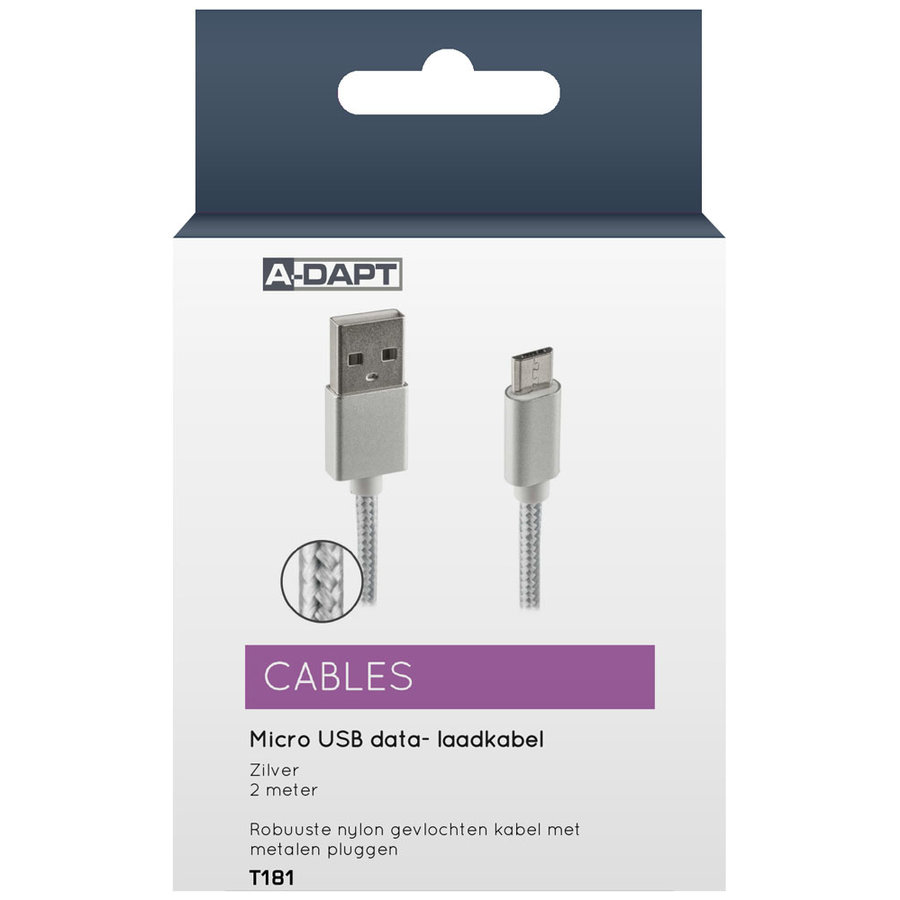 Data en Laadkabel USB-A > Micro USB Nylon 2m zilver-1