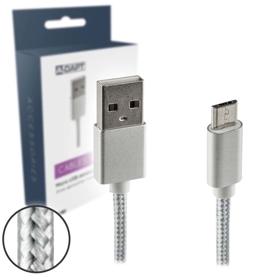 Data en laadkabel Micro USB Nylon 1m zilver-2