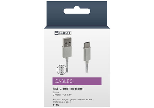  A-DAPT Data en Laadkabel USB-A > USB-C Nylon 2m zilver 