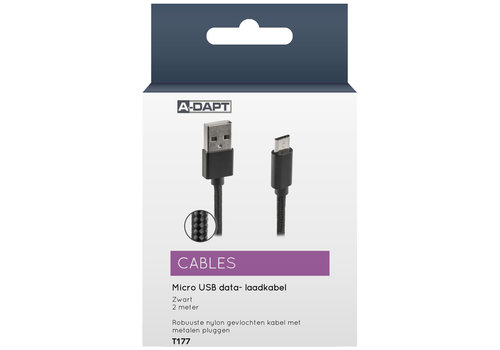  A-DAPT Data en laadkabel Micro USB Nylon 2m zwart 