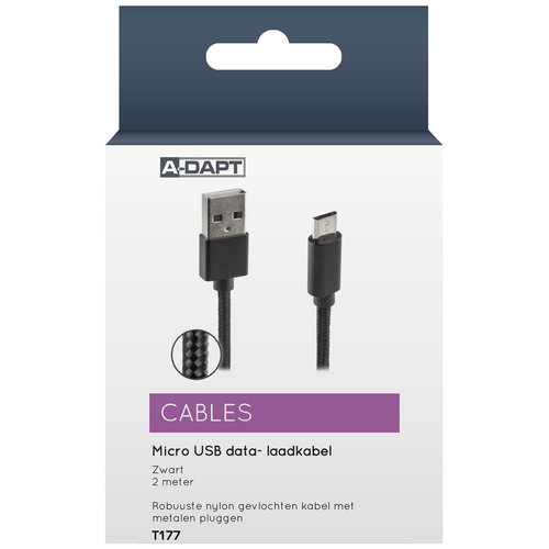  A-DAPT Data en Laadkabel USB-A > Micro USB Nylon 2m zwart 