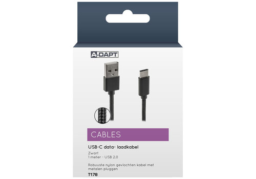  A-DAPT Data en Laadkabel USB-A > USB-C Nylon 1m zwart 