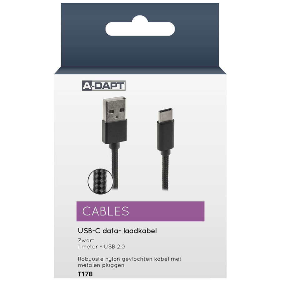 Data en laadkabel USB-C Nylon 1m zwart-1