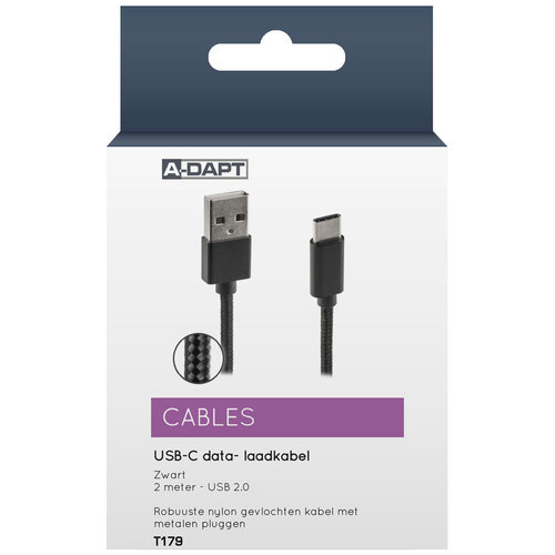 A-DAPT Data en Laadkabel UCB-A > USB-C Nylon 2m zwart   A-DAPT Data en Laadkabel UCB-A > USB-C Nylon 2m zwart