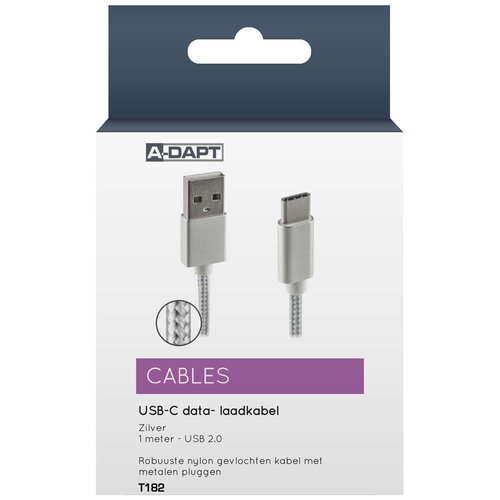 A-DAPT Data en Laadkabel USB-A > USB-C Nylon 1m zilver   A-DAPT Data en Laadkabel USB-A > USB-C Nylon 1m zilver