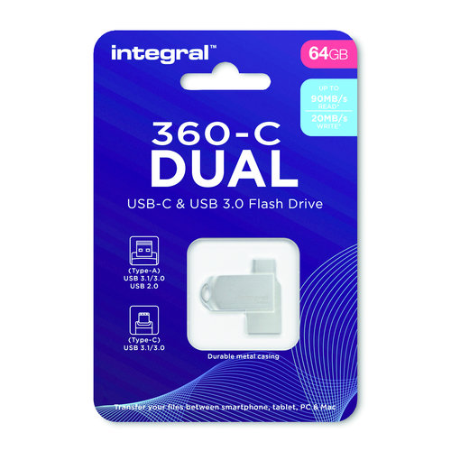  Integral 64GB 360-C Dual Metal Type-C / USB 3.0 Flash Drive 