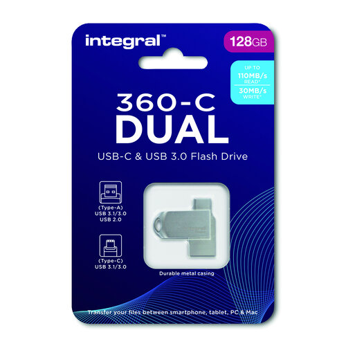  Integral 128GB 360-C Dual Metal Type-C / USB 3.0 Flash Drive 