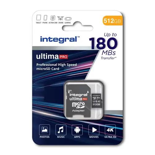 Integral 512GB PROFESSIONAL HIGH SPEED 180MB/S MICROSDXC V30 UHS-I U3 