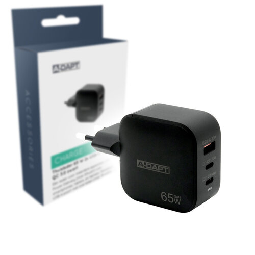  A-DAPT Thuislader 65W 2x USB-C PD + USB QC 3.0 zwart 