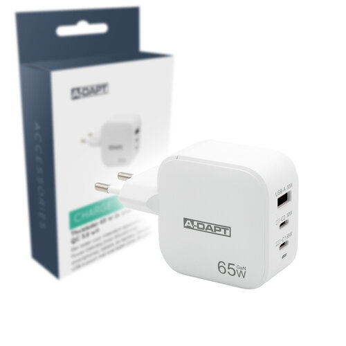  A-DAPT Thuislader 65W 2x USB-C PD + USB QC 3.0 wit 