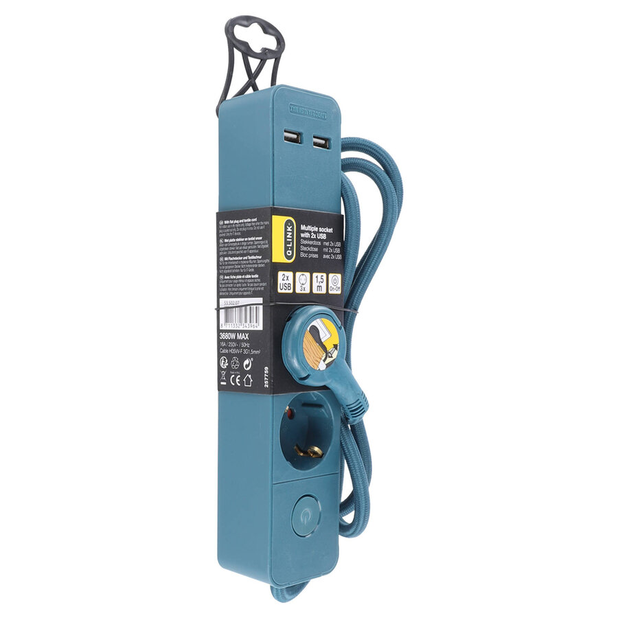 3V Tafelcontactdoos met 2x USB ingang | 1,5M | Petrol | Schakelaar-2