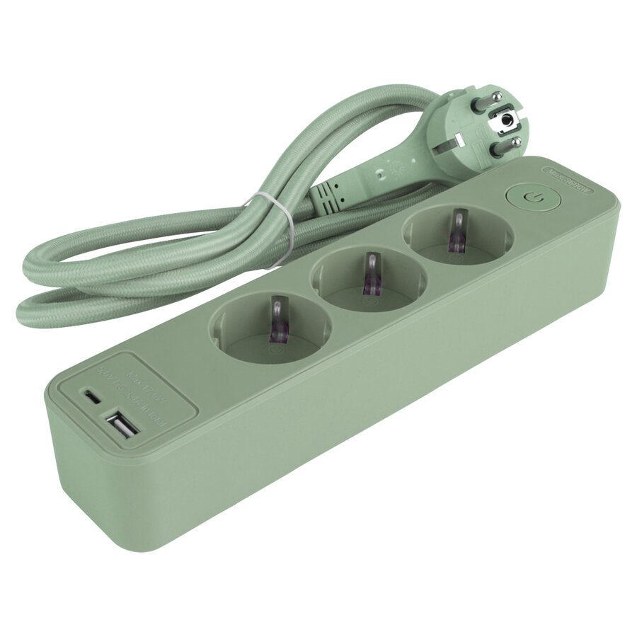 3V Tafelcontactdoos met 1x USB A en 1x USB C | 1,5M | Groen | Schakelaar-2