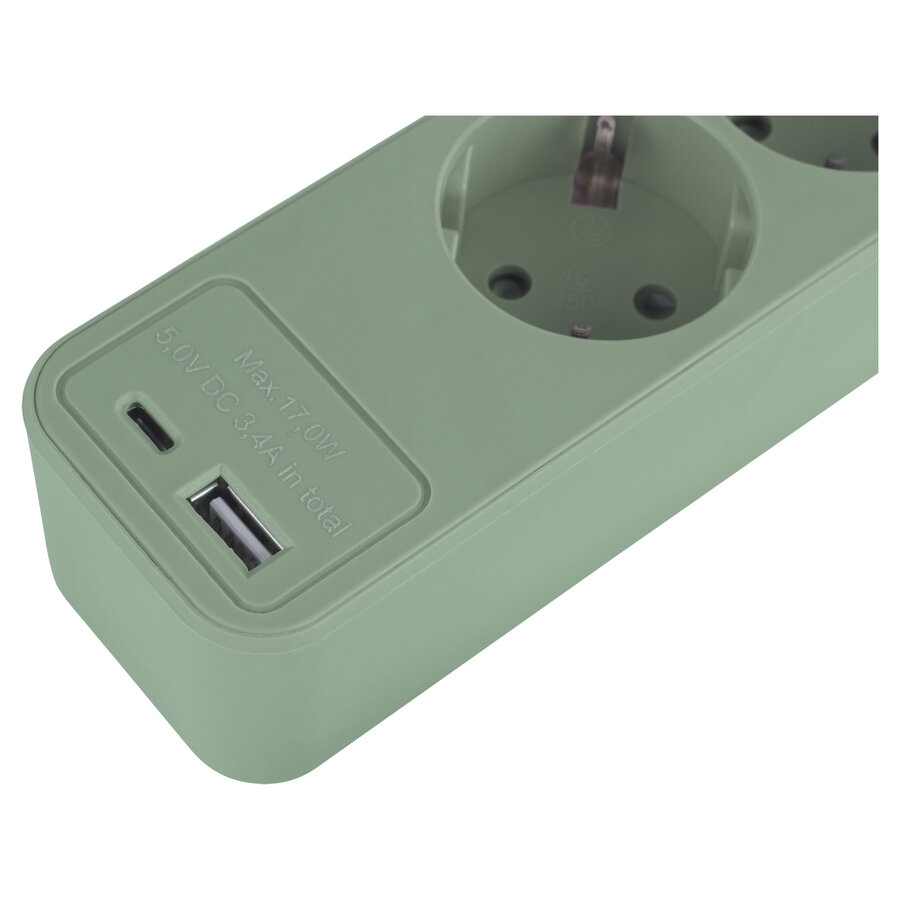 3V Tafelcontactdoos met 1x USB A en 1x USB C | 1,5M | Groen | Schakelaar-3