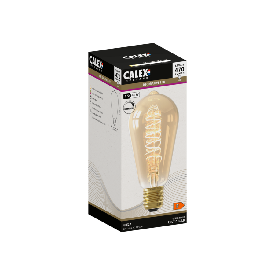 Rustiek ST64 Goud Flex Filament 220-240V 5.5W 470lm 2100K E27 Dimbaar met LED dimmer-1