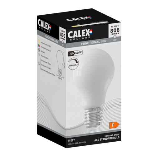  Calex Standaard A60 Softline Straight filament 220-240V 7.5W 806lm 2700K E27 Dimbaar met LED dimmer 